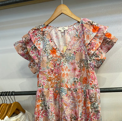 D22762 Orange Ruffle Sleeve Dress