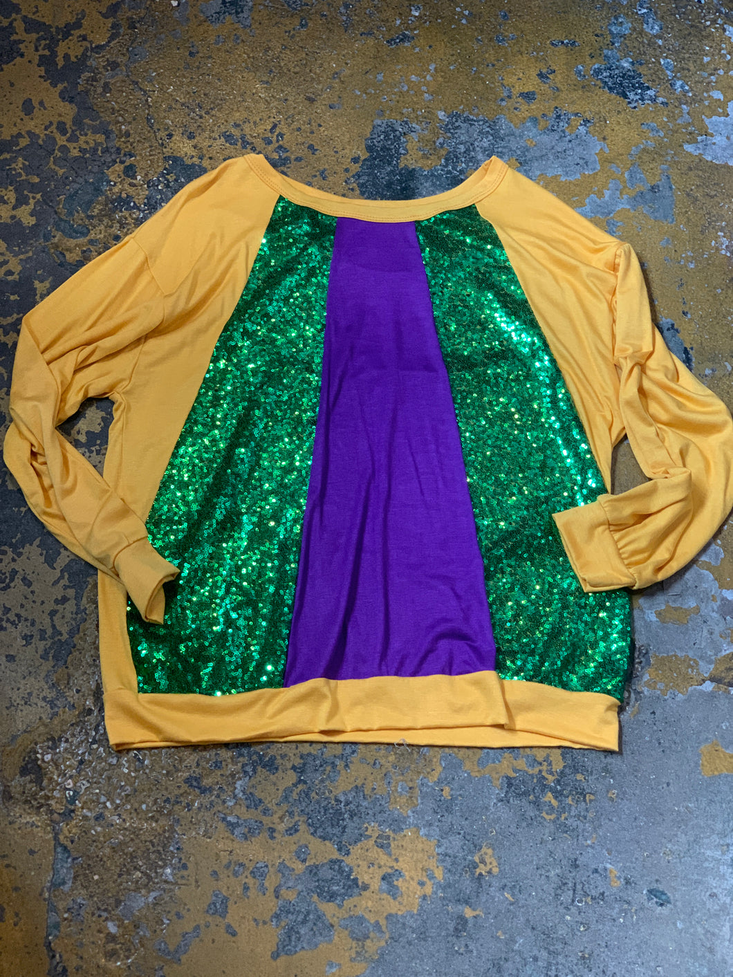 18394 Mardi Gras sequin panel jersey top